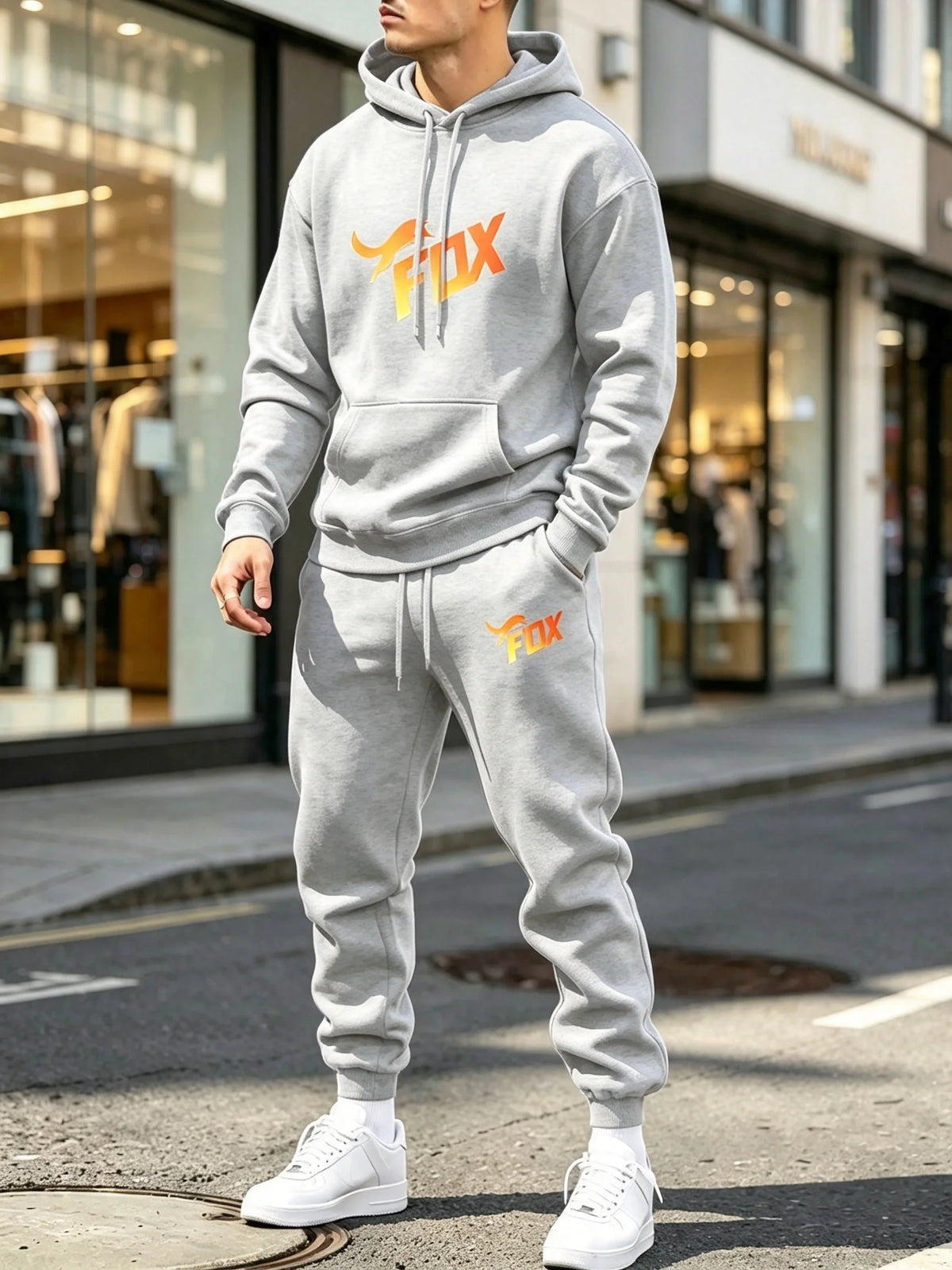 Men's Fox Print Hoodie and Sports Pants Two-Piece Set