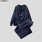 Men's Solid Color Velour Pleated Long Sleeve Two Piece Set