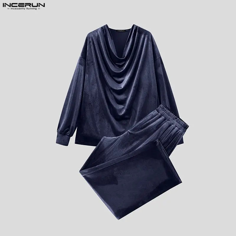 Men's Solid Color Velour Pleated Long Sleeve Two Piece Set