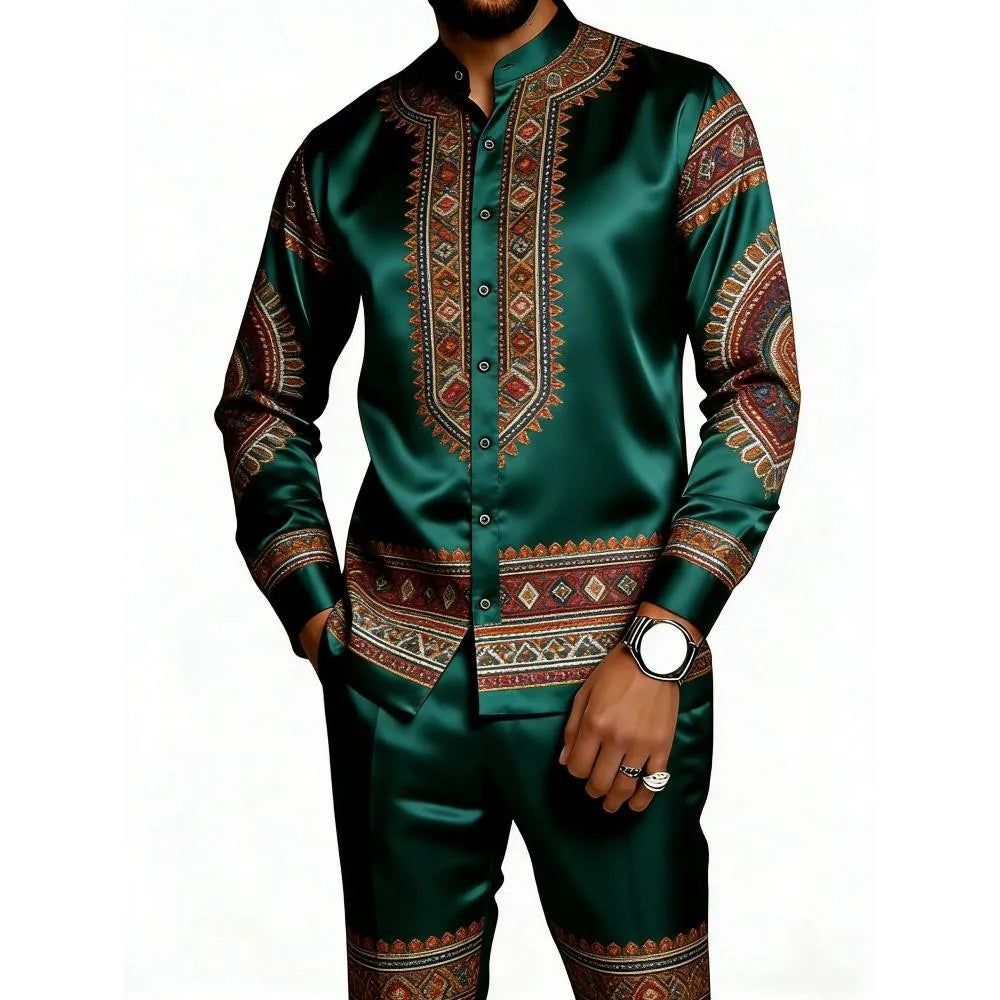 Men's Casual 3D Print Long Sleeve Shirt and Pants Set