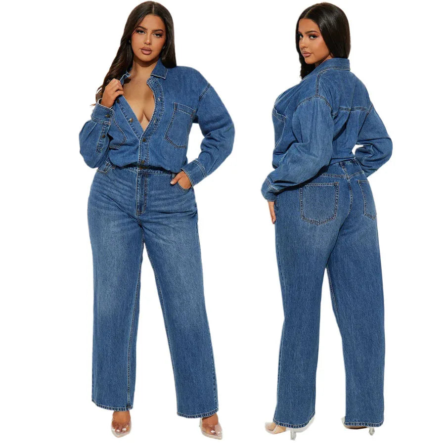 Women's Washed Denim Straight Leg Jumpsuit