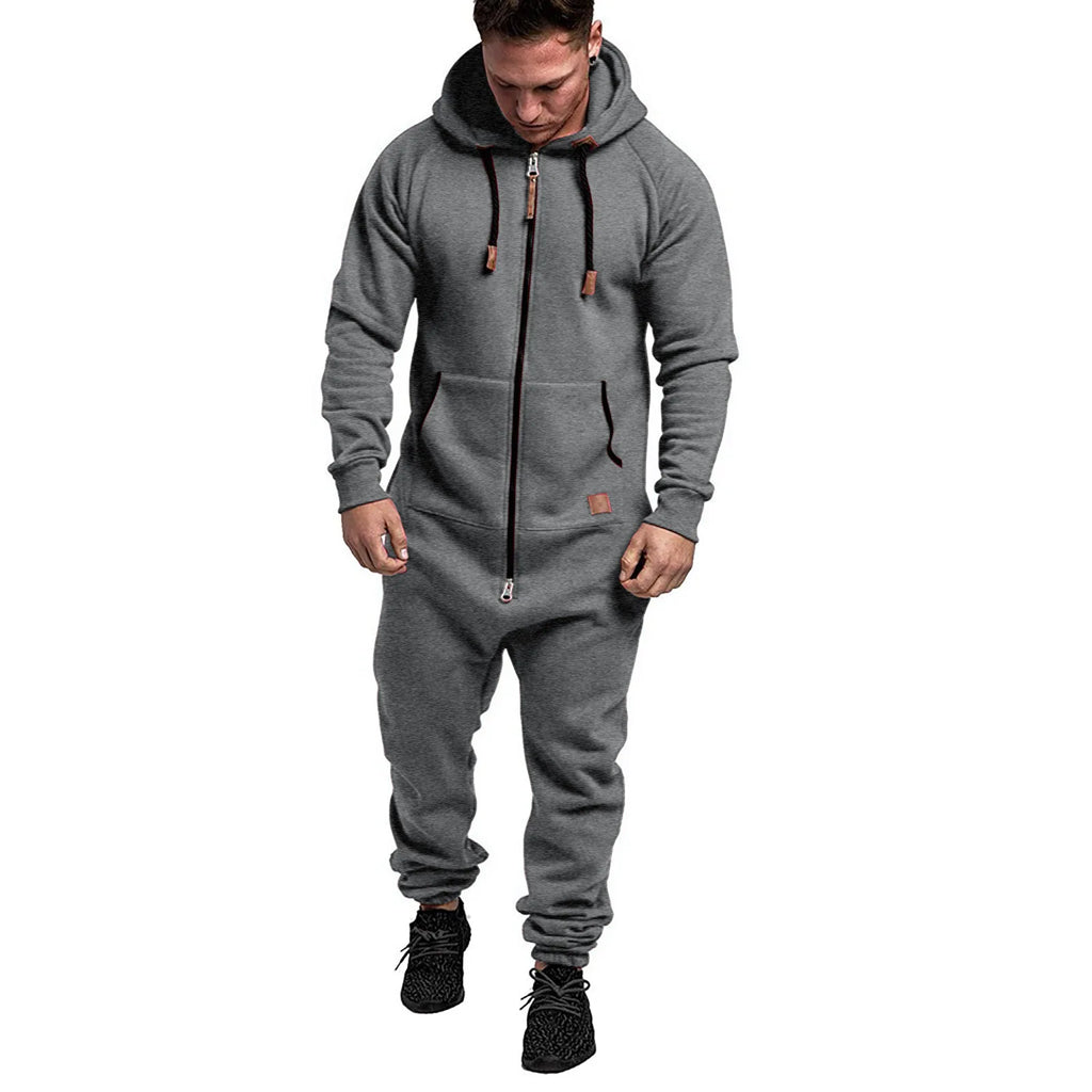 Men's Solid Hooded Fleece Jumpsuit Set
