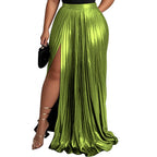 Women's High Waist Slit Pleated Maxi Skirt