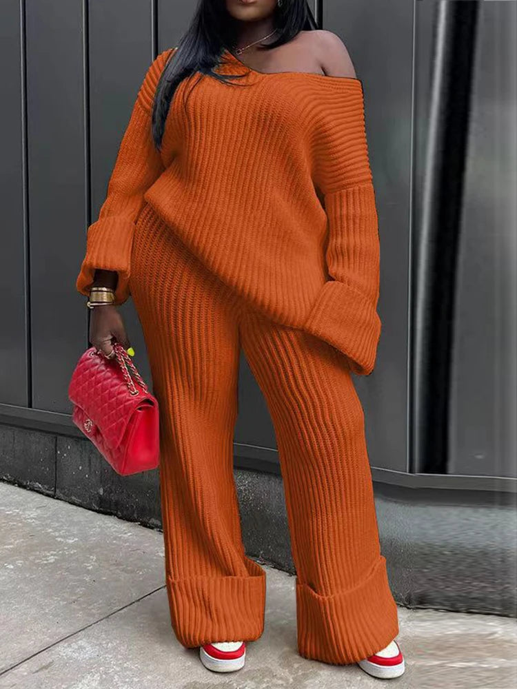 Women's Warm Knitted Sweater and Pants Two-Piece Set