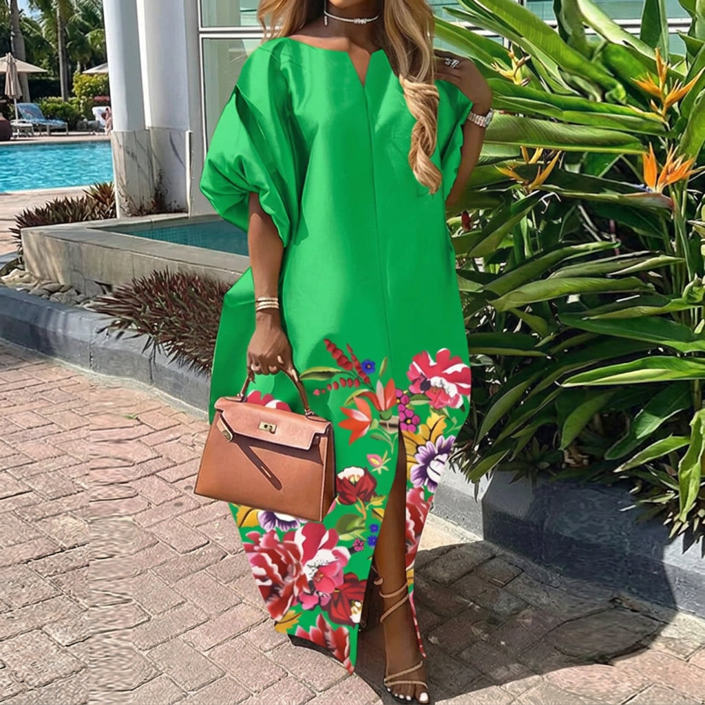 Women's Bohemian Satin Silk Half-Sleeve Maxi Dress