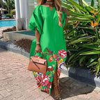 Women's Bohemian Satin Silk Half-Sleeve Maxi Dress