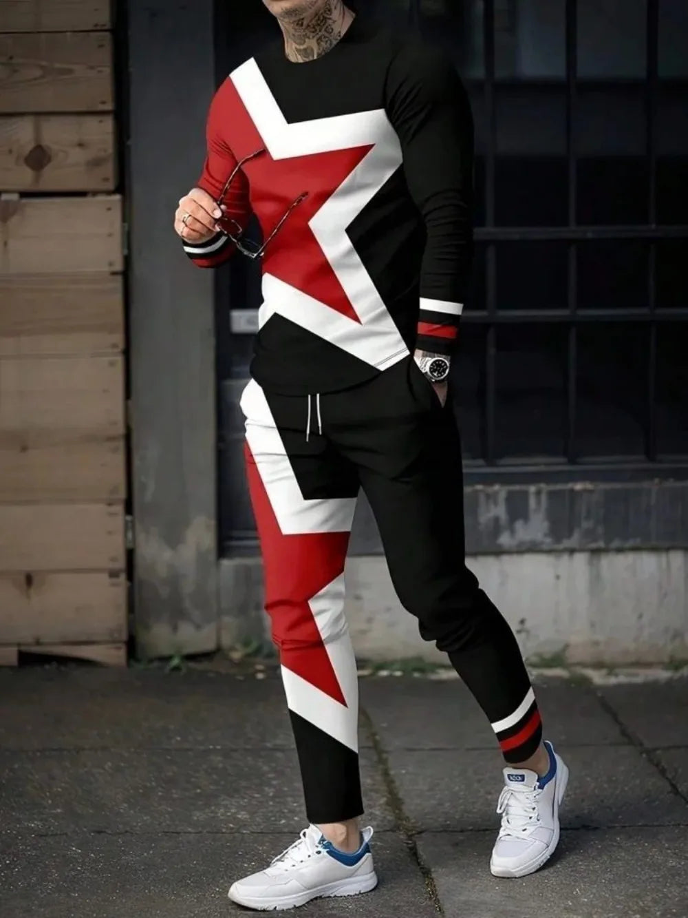 Men's Striped Patchwork Long Sleeve Top and Pants Two-Piece Set