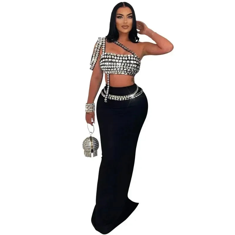 Women's Rhinestones Strapless Top and Long Skirt 2-Piece Set
