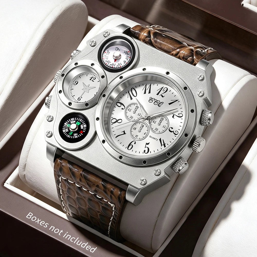 Men's Round Dial Quartz Leather Watch