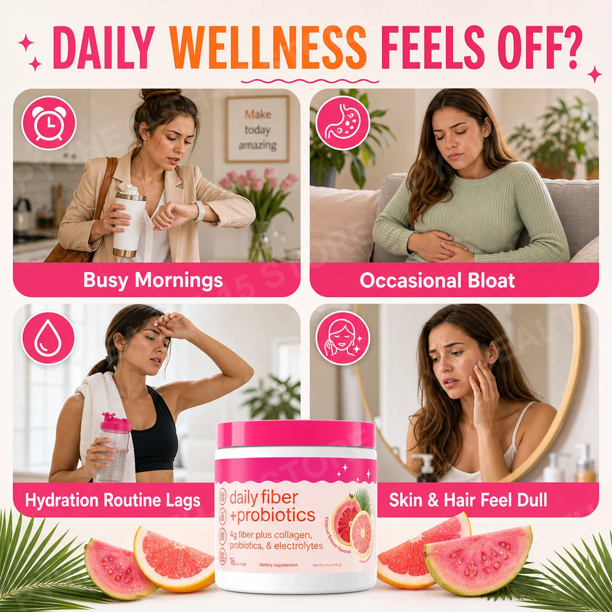 Fiber Probiotics Powder Acacia Collagen Peptides Electrolytes Tropical Breeze 16 Servings