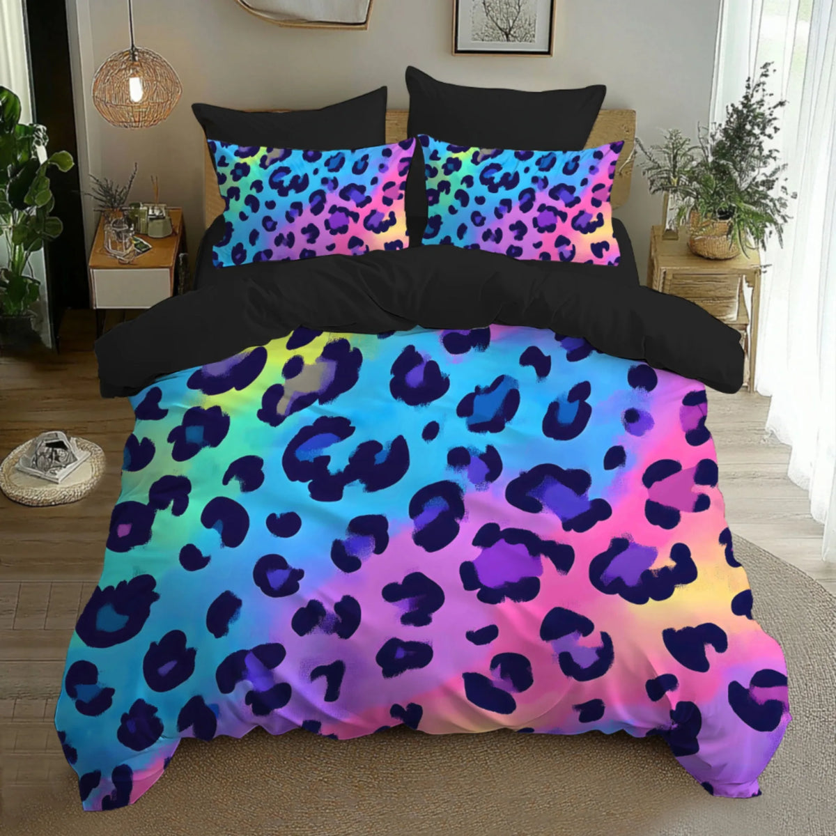 Neon Rainbow Leopard Print Duvet Cover Set with Pillowcases