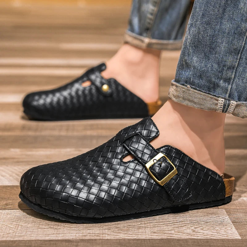 Men's Adjustable Cork Split Leather Clogs Slippers