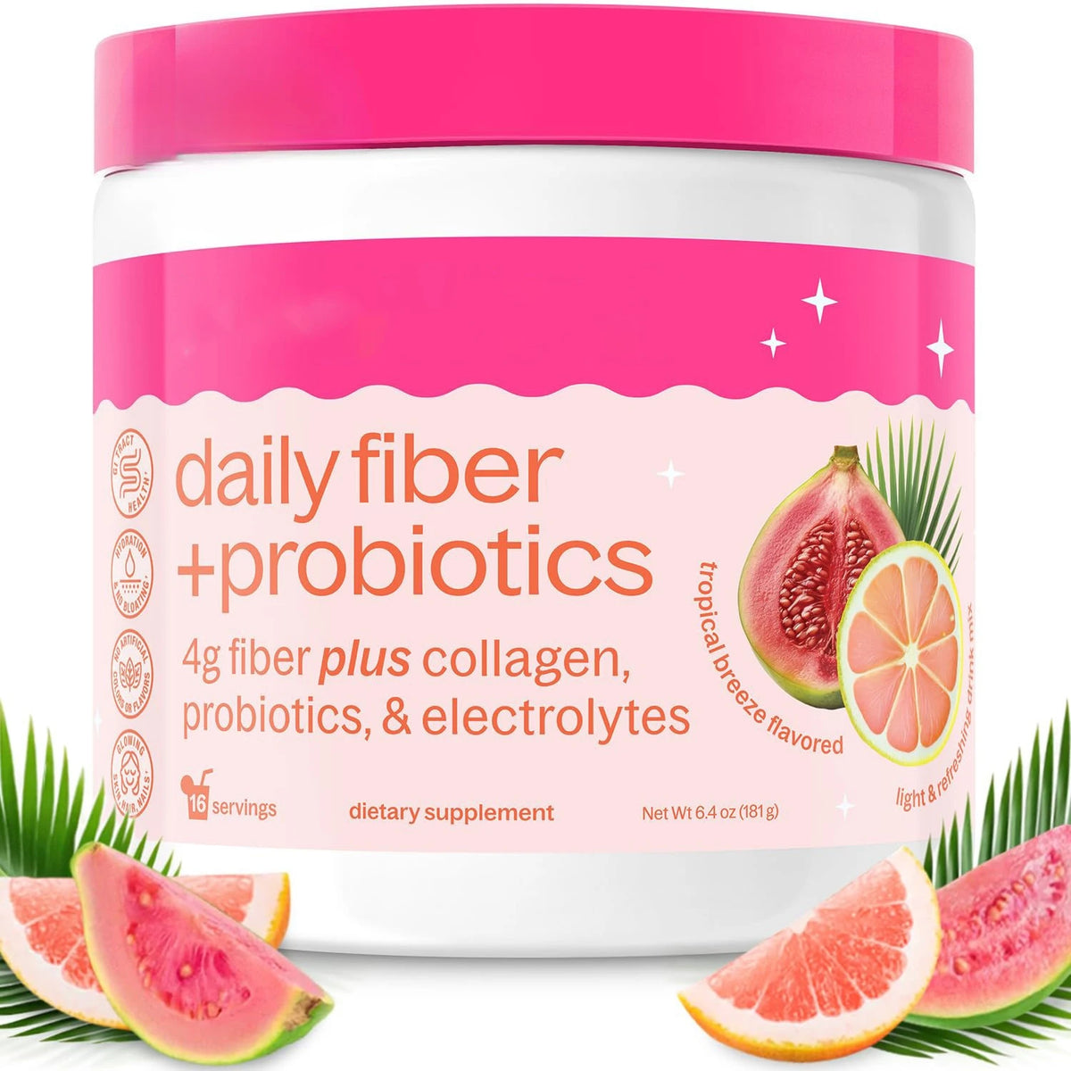 Fiber Probiotics Powder Acacia Collagen Peptides Electrolytes Tropical Breeze 16 Servings