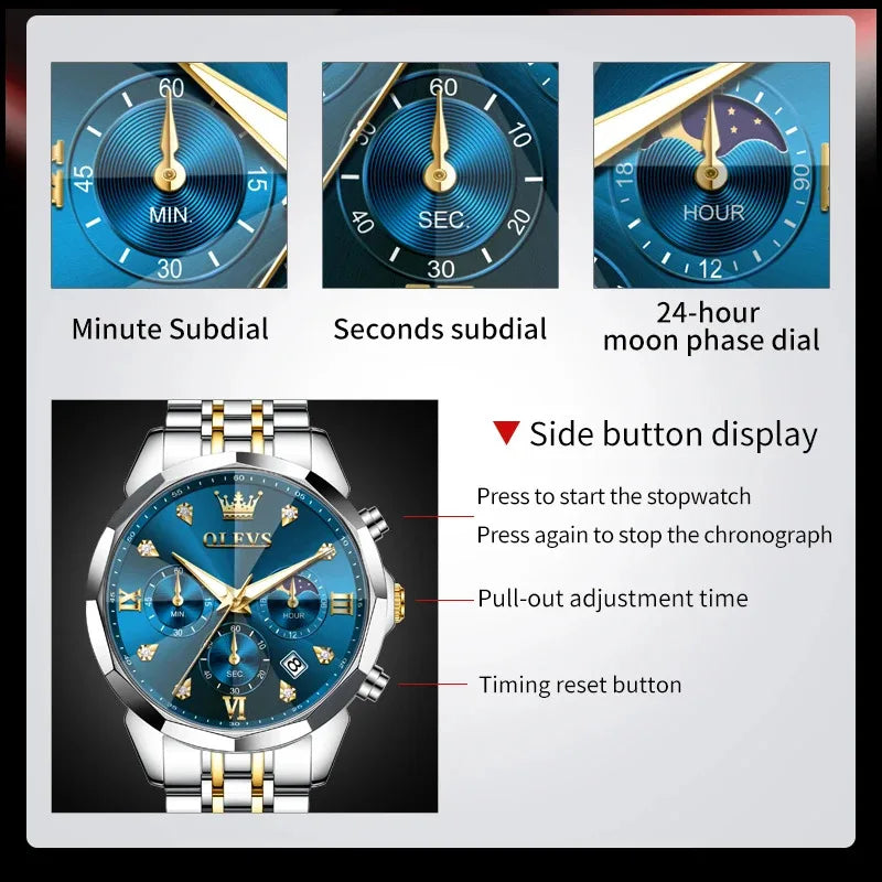 Men's Multifunctional Chronograph Quartz Watch with Moon Phase