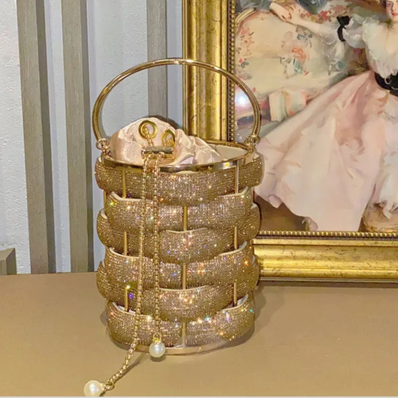 Women's Luxury Woven Rhinestone Bucket Evening Bag