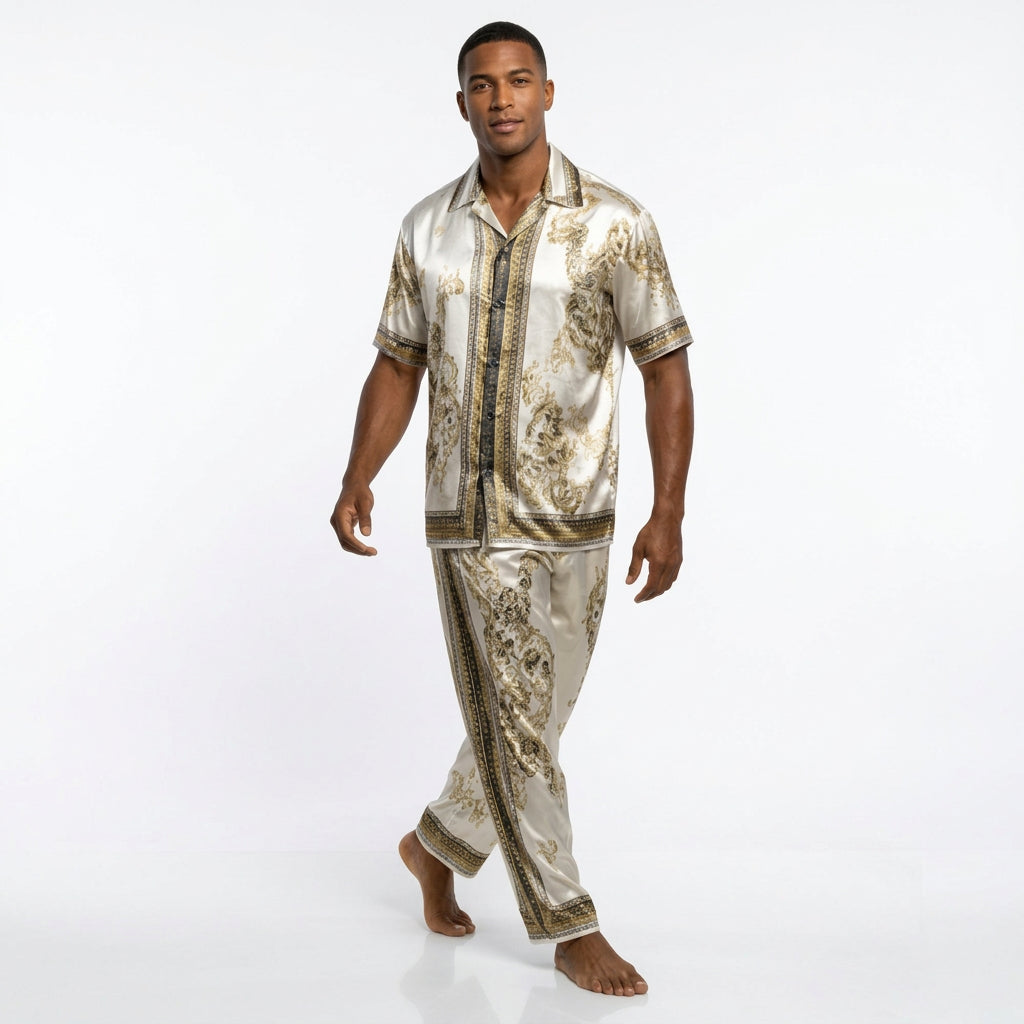 Men's Baroque Print Short Sleeve Shirt and Pants Two Piece Set