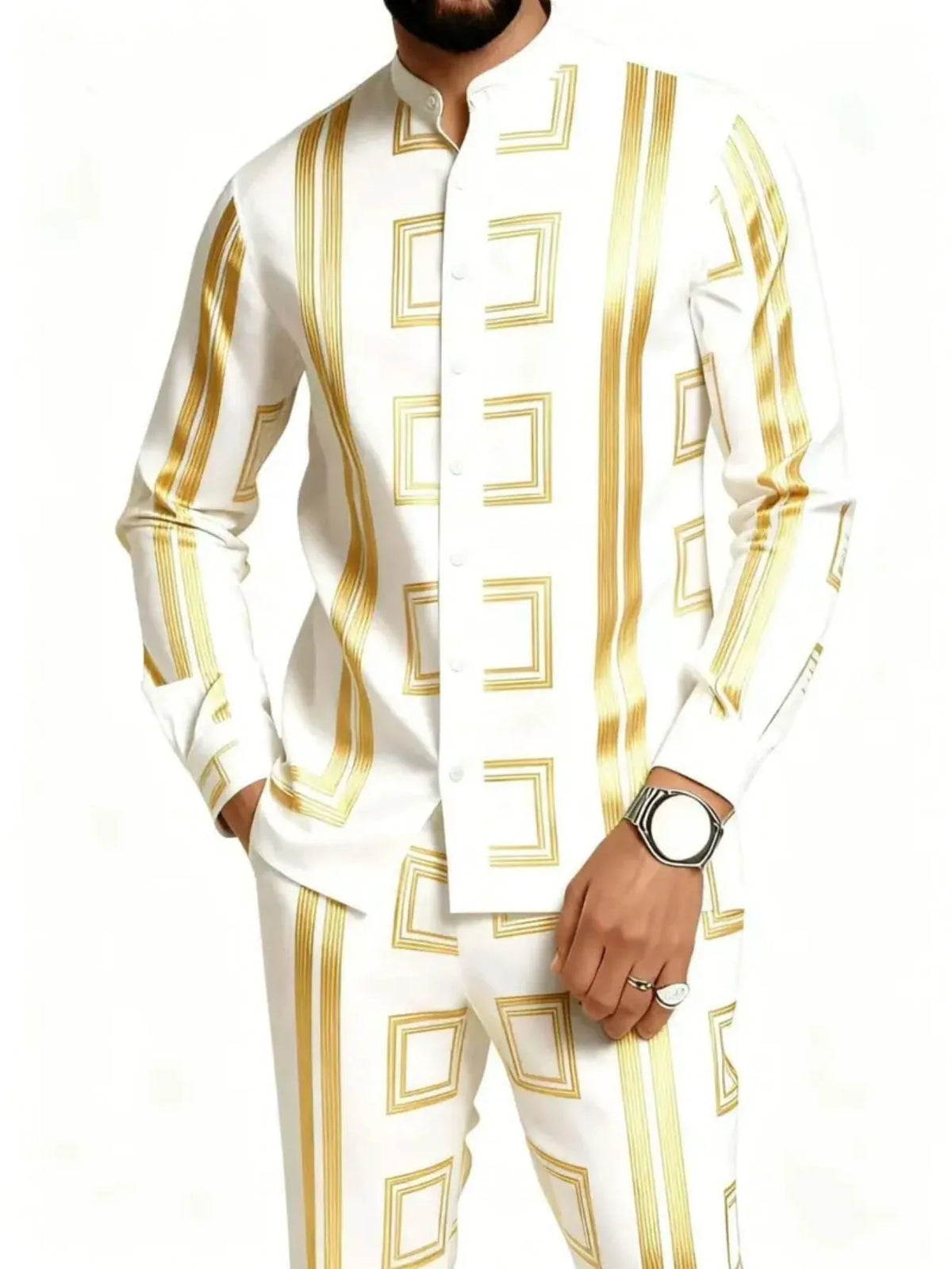 Men's Casual 3D Print Long Sleeve Shirt and Pants Set
