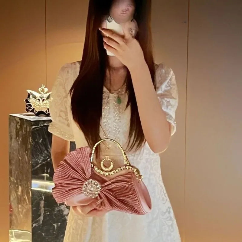 Women's Luxury Diamond Pleated Big Bow Evening Shoulder Bag
