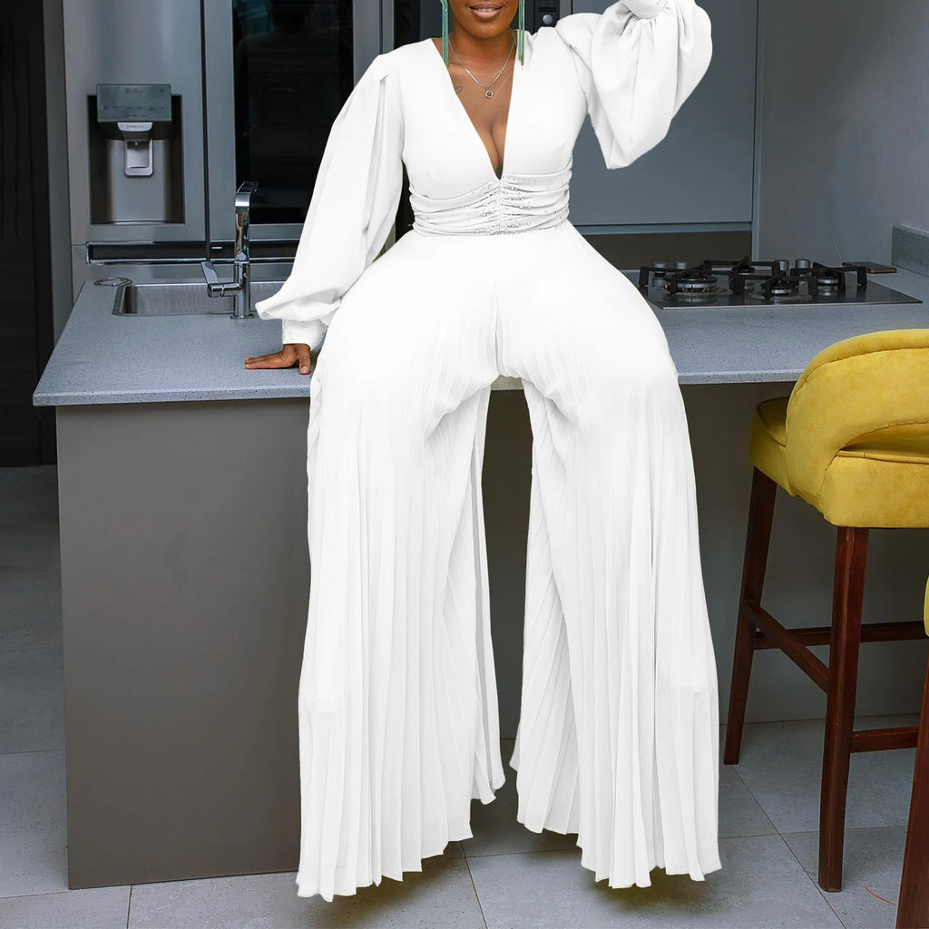 Women's African Fashion Long Sleeve V-Neck Ankara Jumpsuit