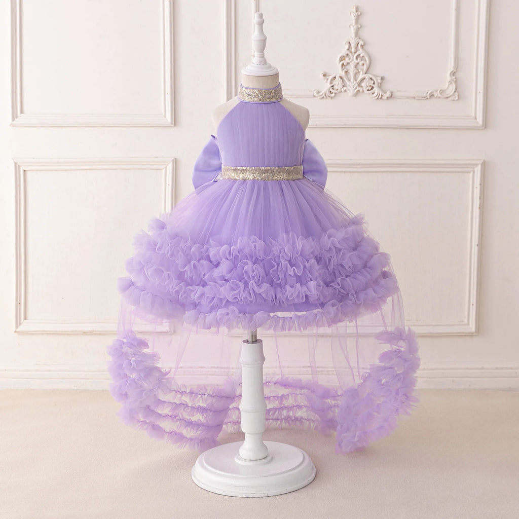Girls' Sleeveless Princess Dress with Big Bow and Trailing Mesh