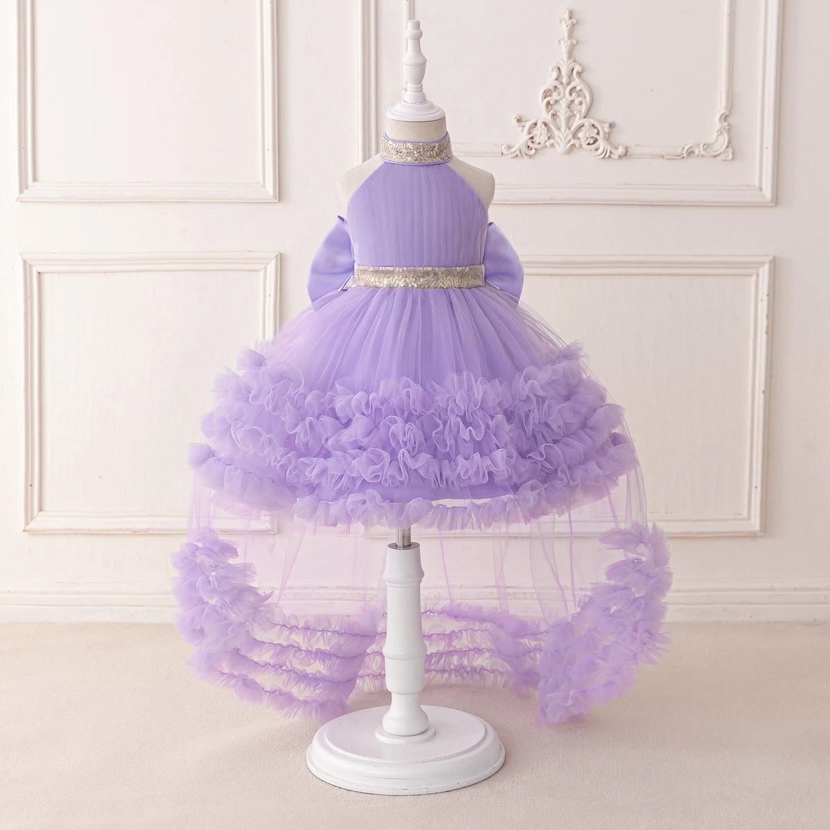 Girls' Sleeveless Princess Dress with Big Bow and Trailing Mesh