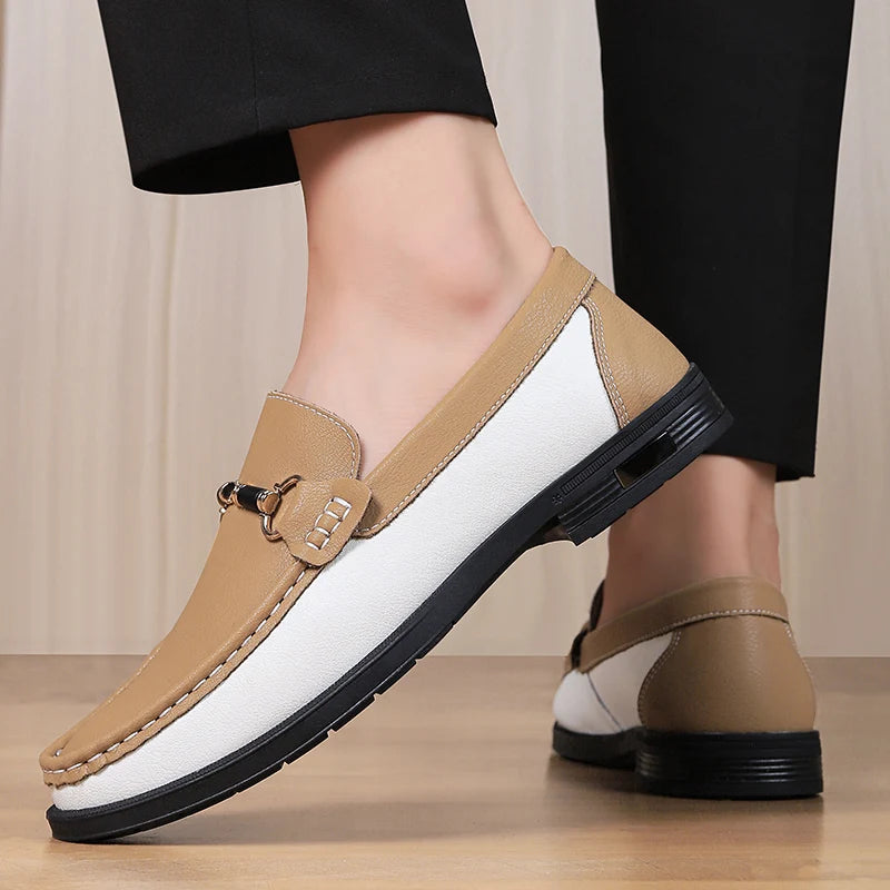 Men's Genuine Leather Slip-On Loafers with Metal Buckle