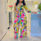 Women's Printed Long Sleeve Lace-Up Top and Straight Pants Two-Piece Set