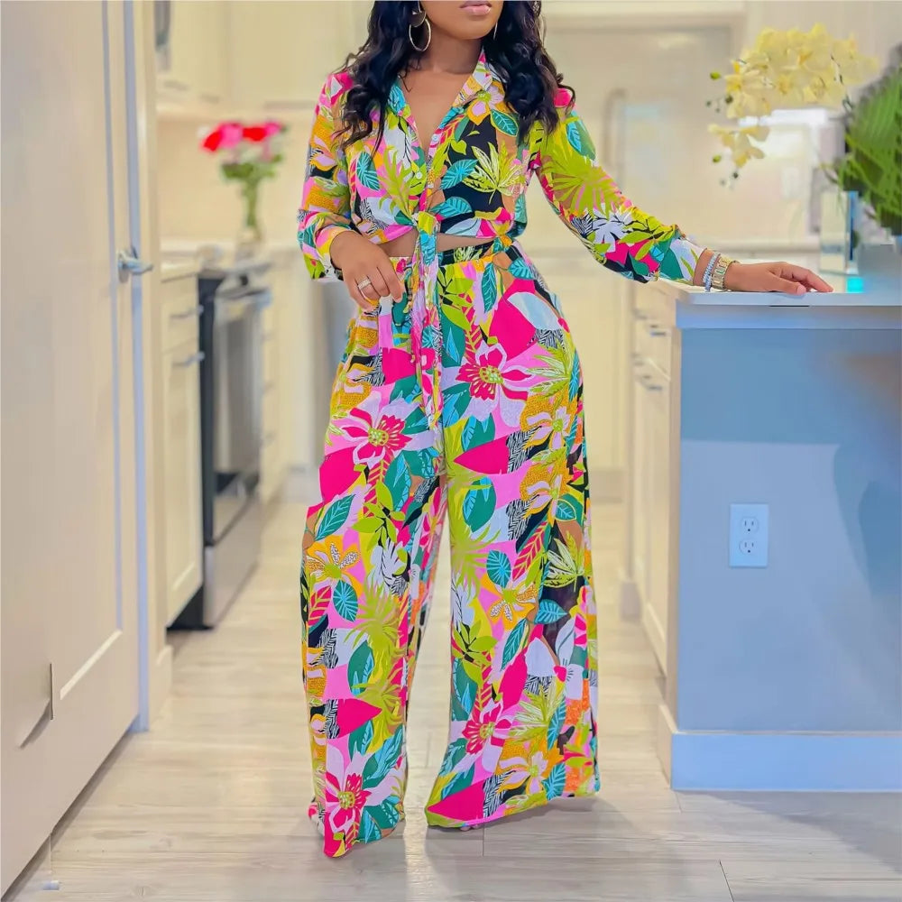 Women's Printed Long Sleeve Lace-Up Top and Straight Pants Two-Piece Set