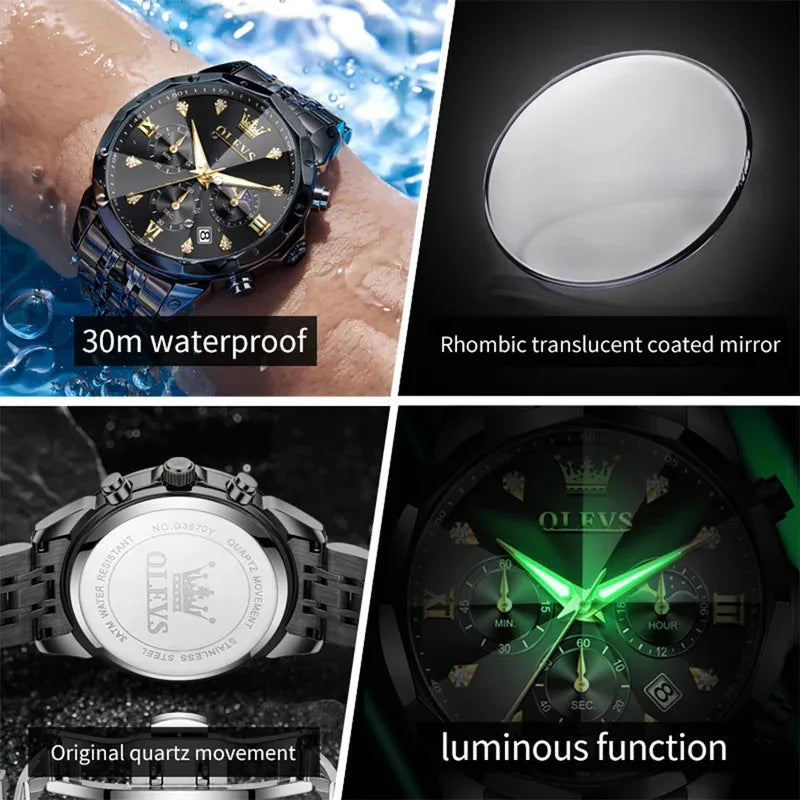 Men's Multifunctional Chronograph Quartz Watch with Moon Phase