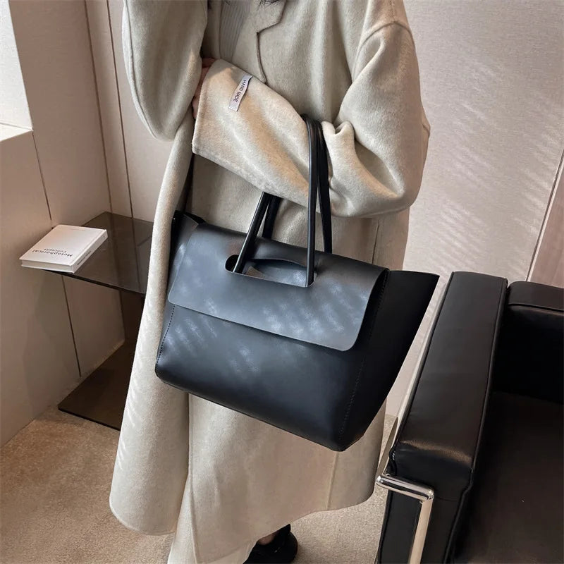 Women's Solid Color PU Leather Handbag Shoulder Tote Bag