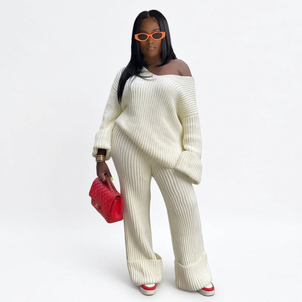 Women's Warm Knitted Sweater and Pants Two-Piece Set