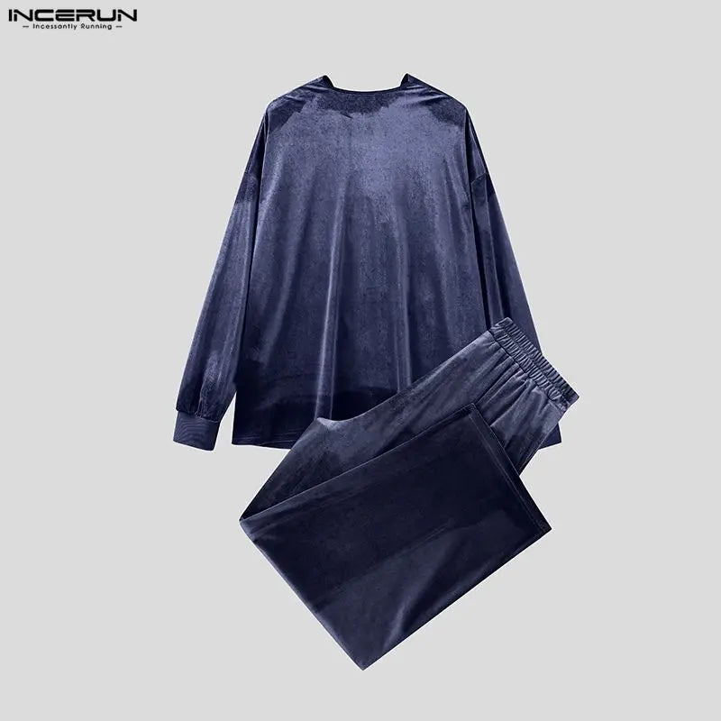 Men's Solid Color Velour Pleated Long Sleeve Two Piece Set