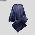 Men's Solid Color Velour Pleated Long Sleeve Two Piece Set