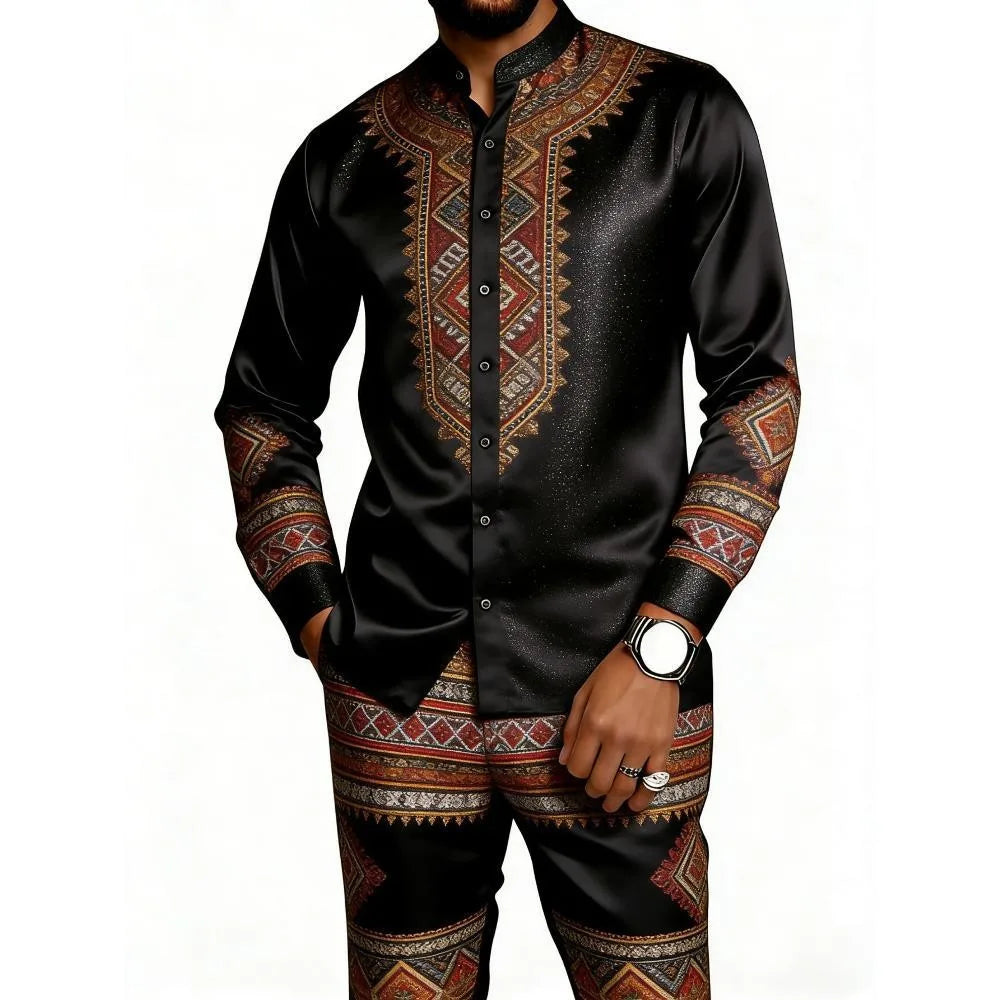 Men's Casual 3D Print Long Sleeve Shirt and Pants Set