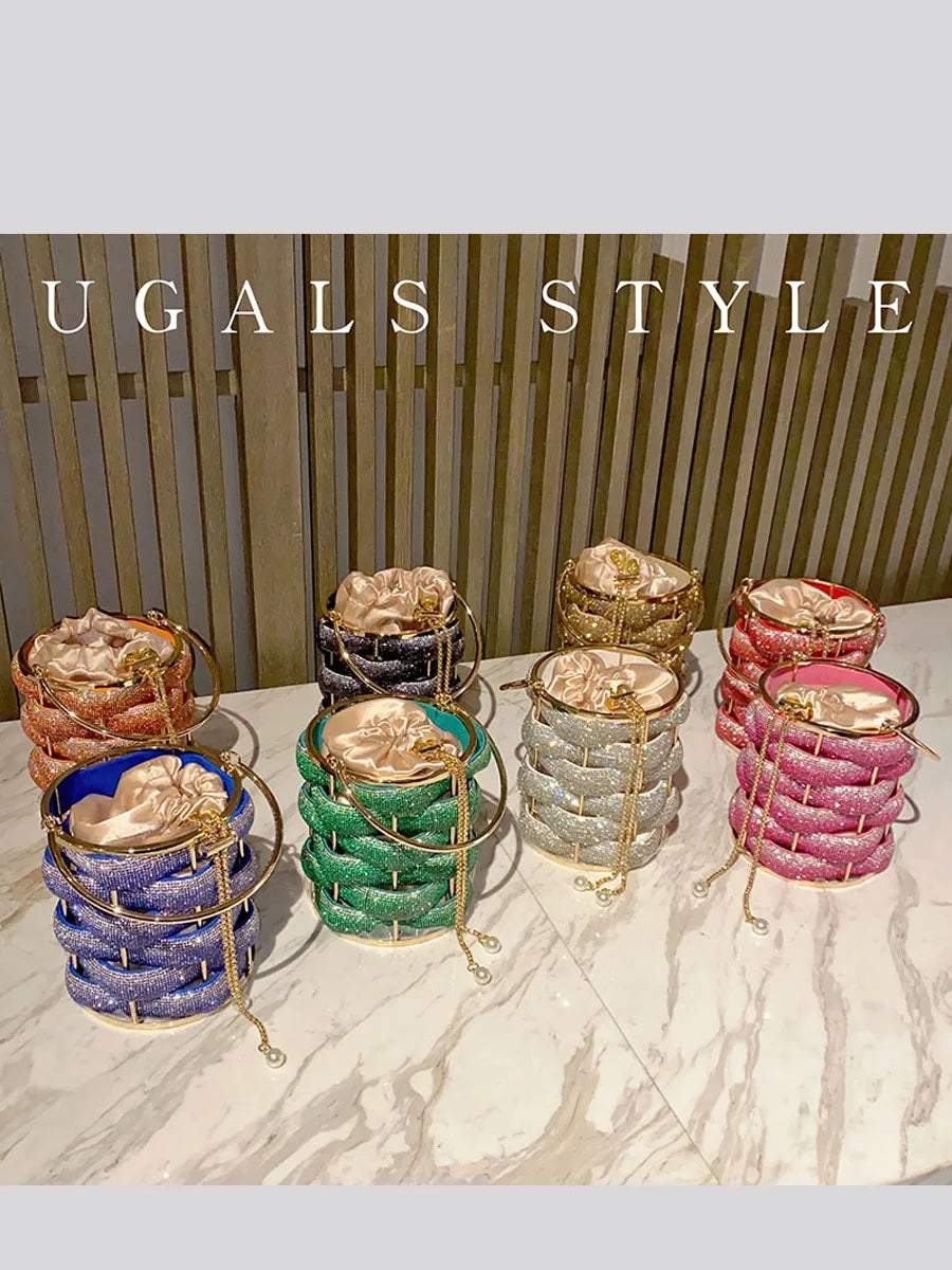 Women's Luxury Woven Rhinestone Bucket Evening Bag