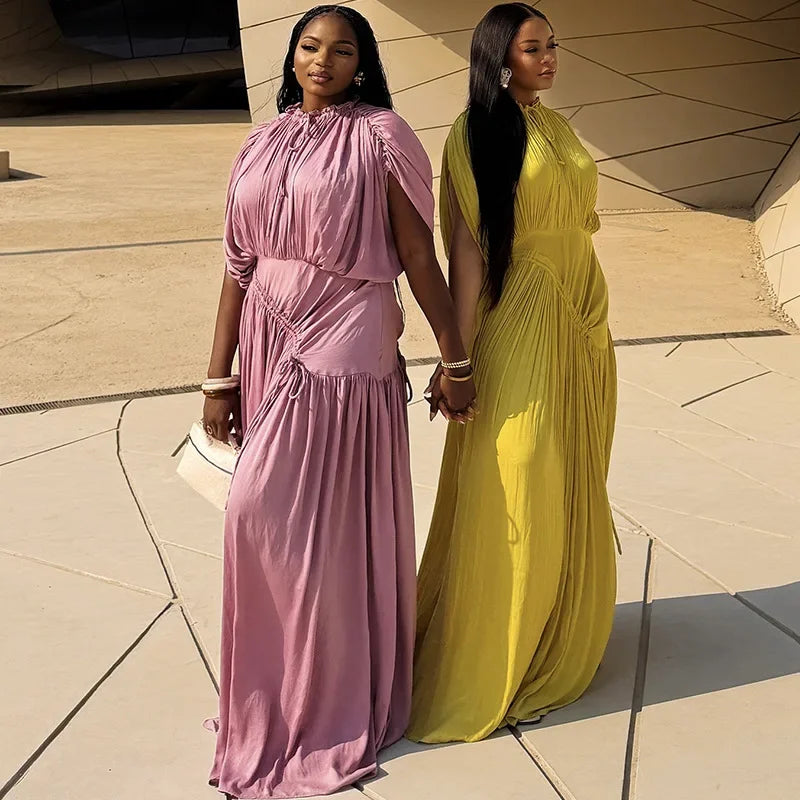 Women's V-Neck Short Sleeve Ruched Maxi Dress