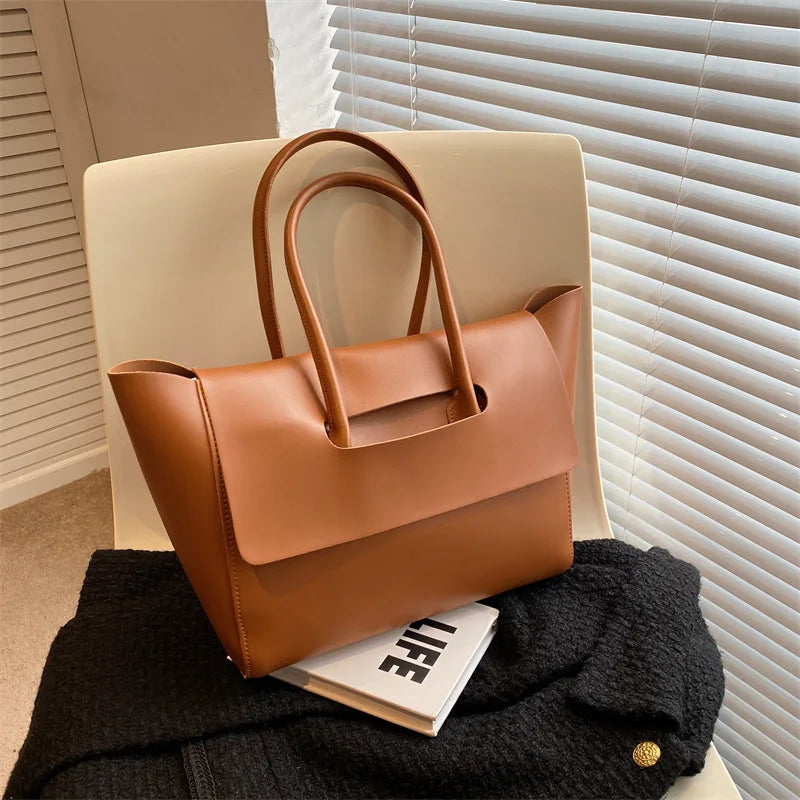 Women's Solid Color PU Leather Handbag Shoulder Tote Bag