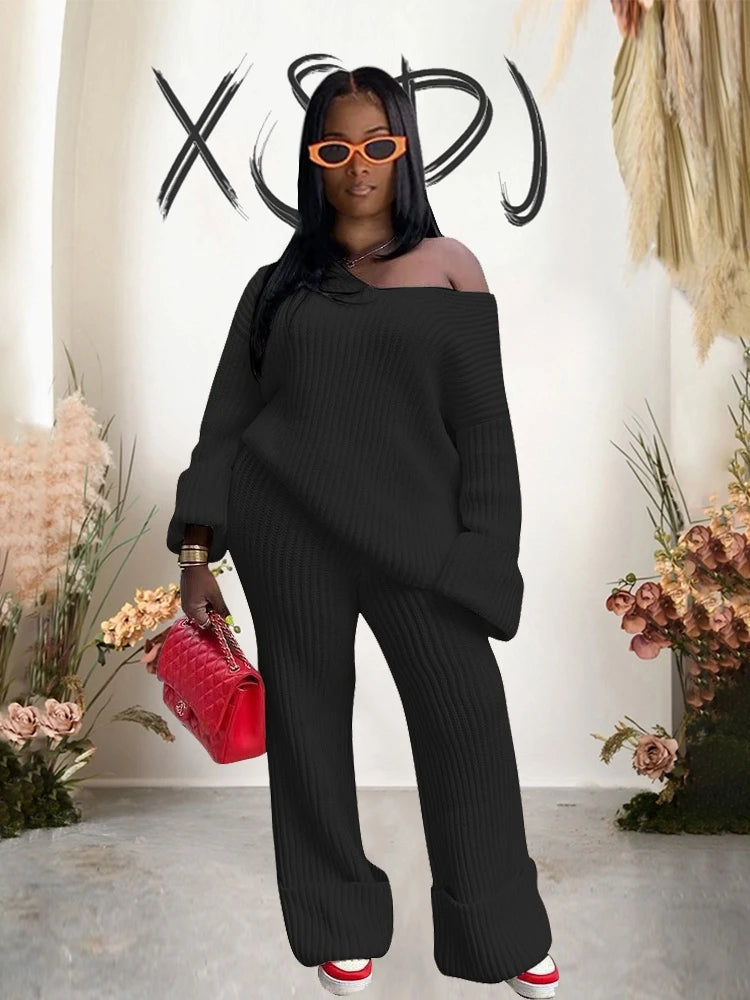 Women's Warm Knitted Sweater and Pants Two-Piece Set
