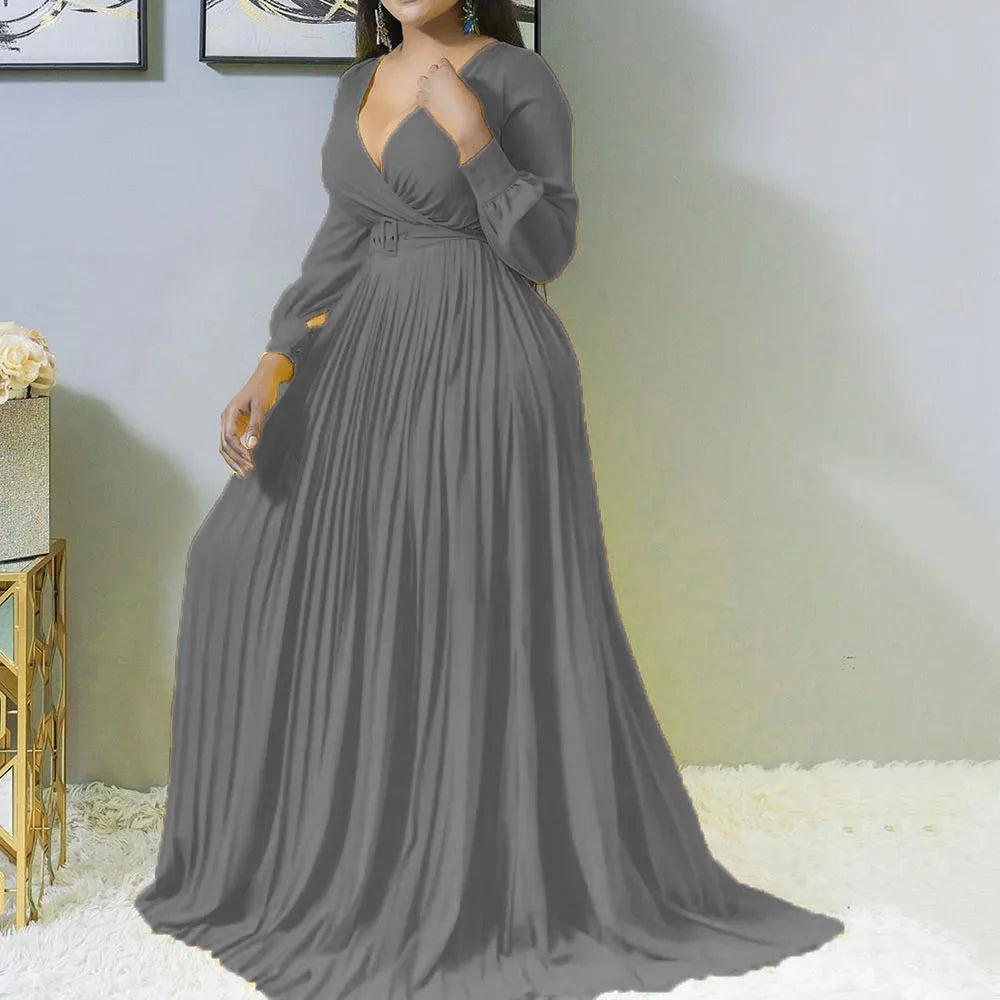 Women's Elegant V-Neck Long Sleeve Pleated Maxi Dress
