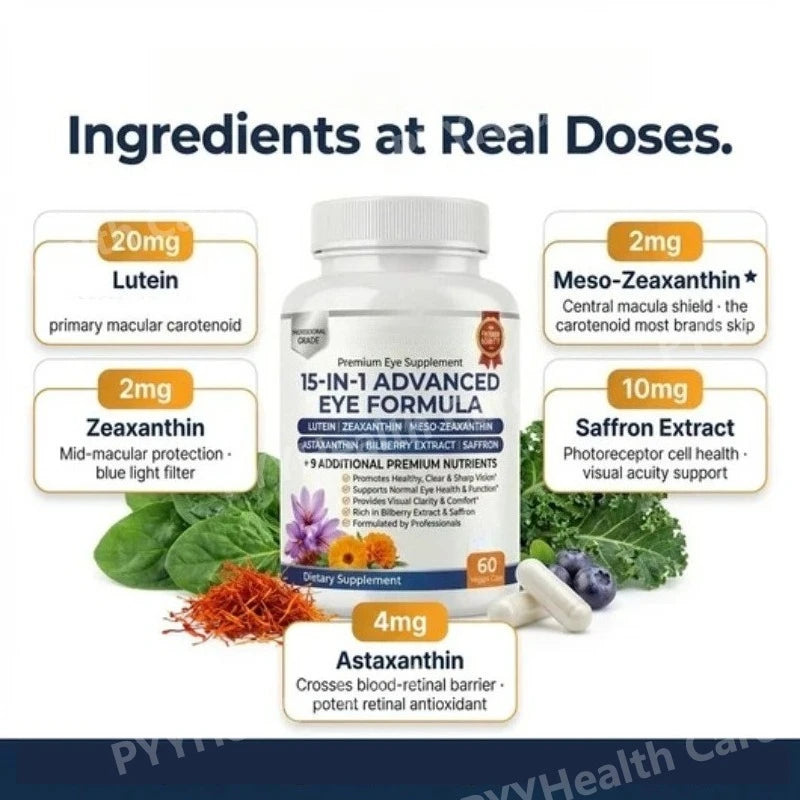 15-in-1 Eye Formula Supplement Lutein Zeaxanthin Bilberry 60 Veggie Caps