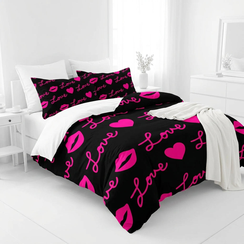 Pink Love Lips Print Duvet Cover Set