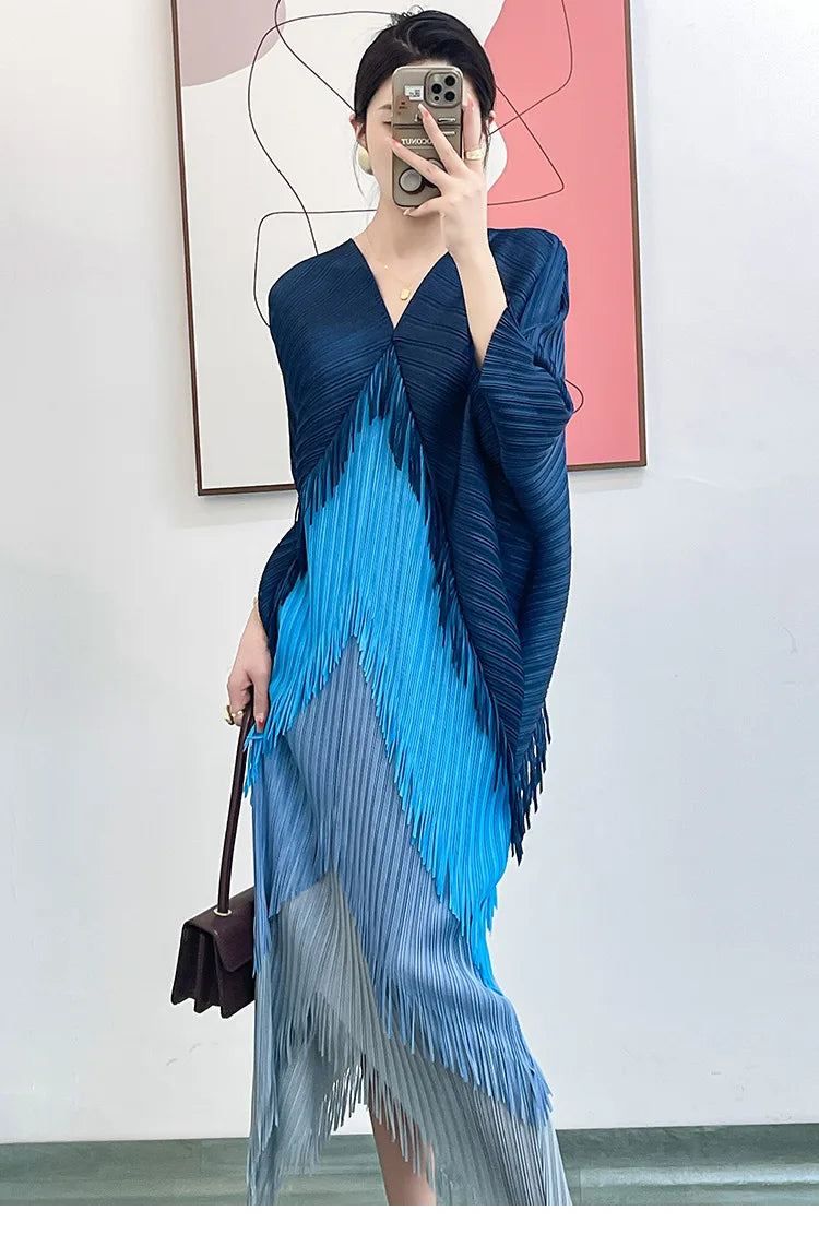 Women's Pleated Color-Block Tassel Mid-Calf Dress