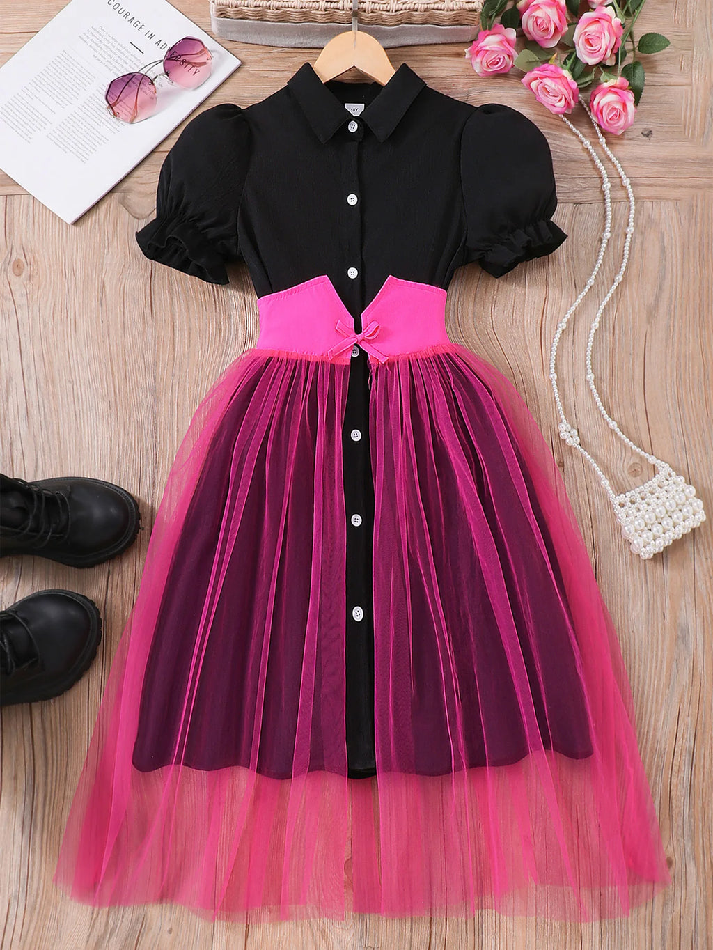 Girls' Patchwork Puff Sleeve Princess Dress with Mesh Skirt
