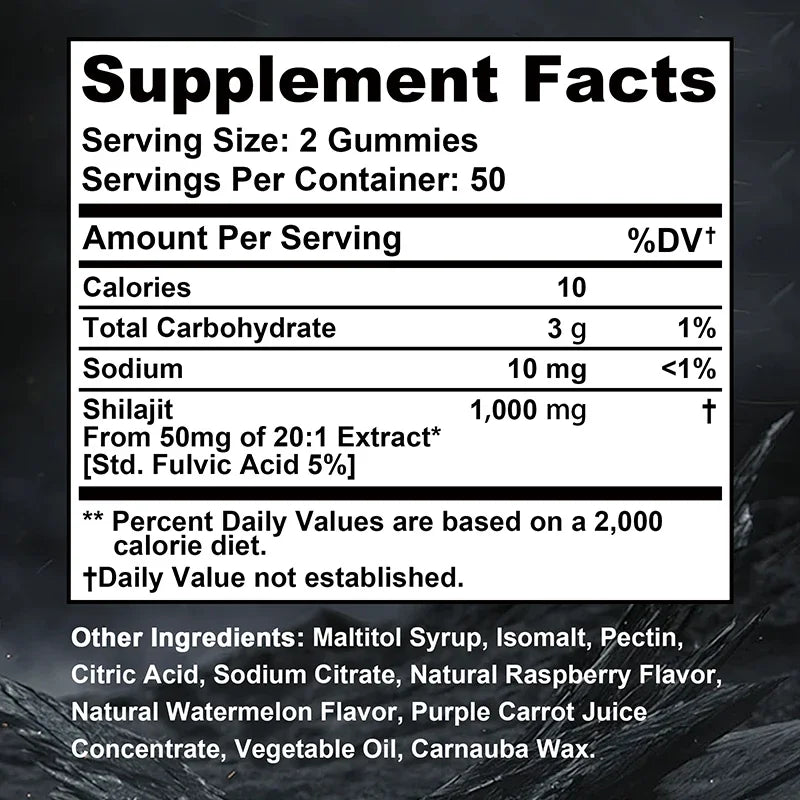 Shilajit Energy and Memory Support Dietary Supplement Gummies