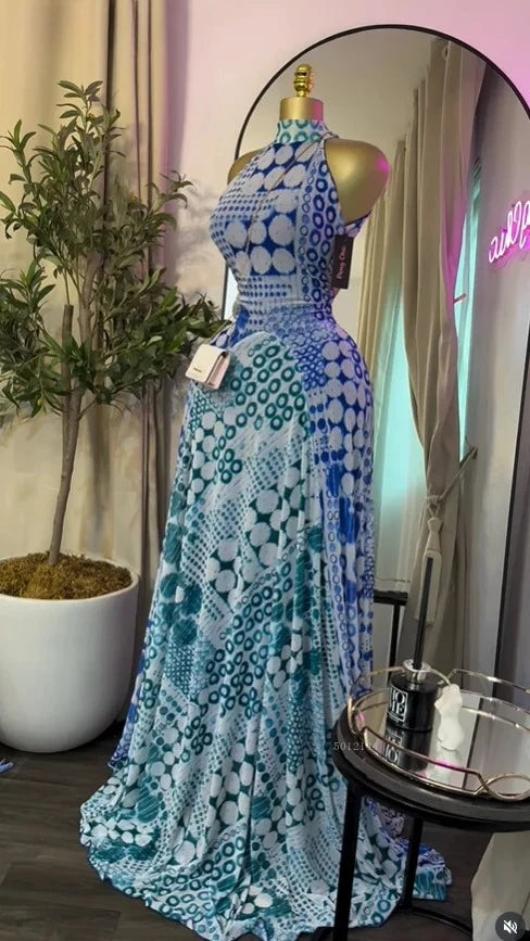 Women's Floral Print O-Neck Mermaid Maxi Dress
