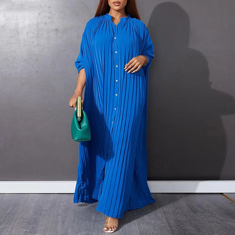 Women's Elegant Pleated Single-Breasted V-Neck Maxi Dress