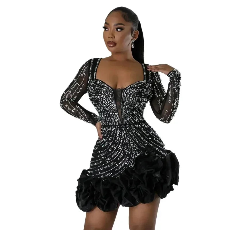 Women's Elegant Beaded Long Sleeve Ruffle Party Dress