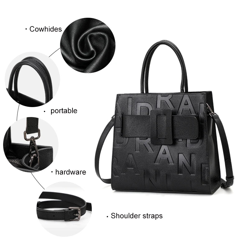 Women's Letter Print Cowhide Leather Large Capacity Handbag