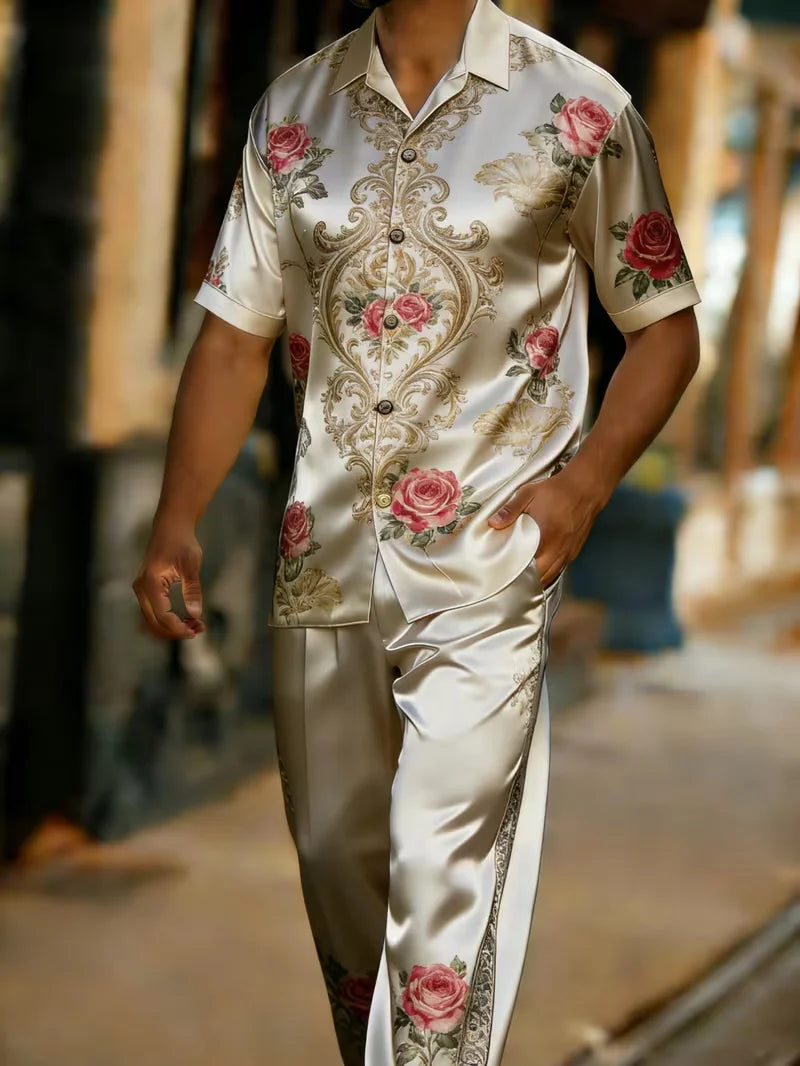 Men's 3D Print Short Sleeve Shirt and Pants Two Piece Set