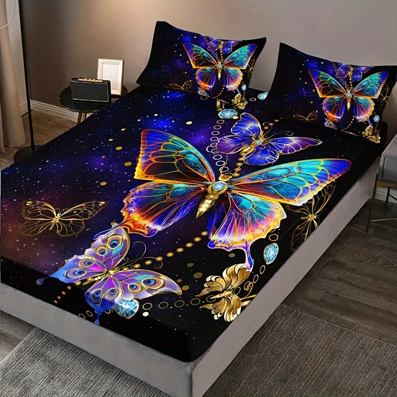 Butterfly Print Polyester Fitted Sheet Set